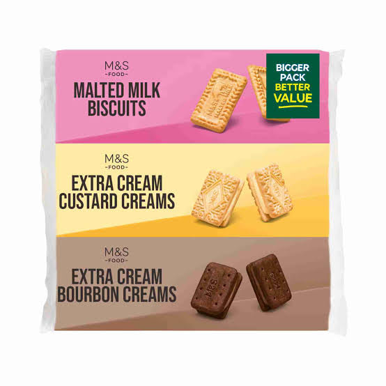 Triple Pack M&S Biscuits - Bourbons, Custard Creams & Malted Milk - 530g